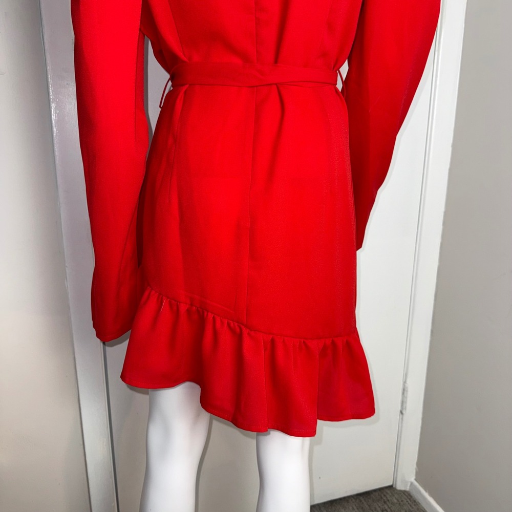 Red Mock Neck Long Sleeve Ruffle Hem Tie Waist Mini Dress Puff Shoulder Size M‎ - Picture 12 of 14